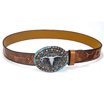 Utaly Western Cowboy Cowgirl Leather Belts - Women Men Turquoise Embossed Waist Belts With LongHorn Bull Buckles Fit 25-39”