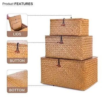Ruosuruosu Decorative Wicker Storage Bins with Lids,Woven Seagrass Storage Baskets for Kids Toys,Shelves, Bathroom, Bedroom,Set of 3 Stackable Storage Boxes Large, Medium, Small