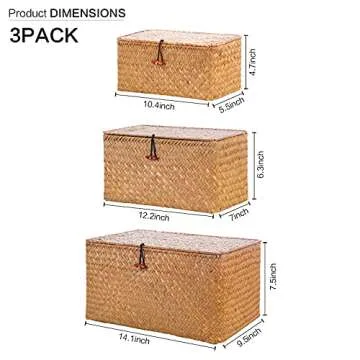 Ruosuruosu Decorative Wicker Storage Bins with Lids,Woven Seagrass Storage Baskets for Kids Toys,Shelves, Bathroom, Bedroom,Set of 3 Stackable Storage Boxes Large, Medium, Small