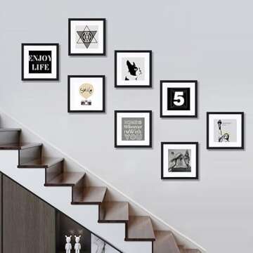 HEART ART 10x10 Picture Frame Set of 9,Display Pictures 6x6 with Mat or 10 x 10 without Mat,Multi Collage Gallery Square Photo Frames for Wall,Black