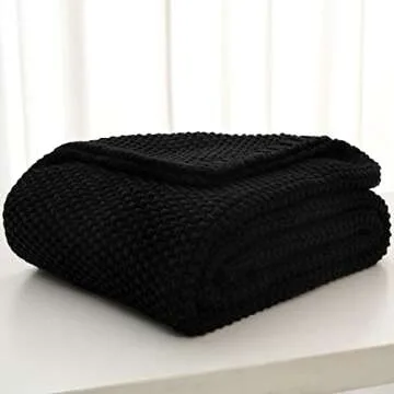 Longhui bedding Chunky Cable Knit Throw Blanket Lightweight Black 100% Organic Cotton Blanket for Sofa Couch Bed Baby Nursery, Rustic Shabby Chic Modern Farmhouse, 60” x 80” Give Laundering Bag