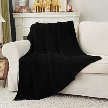 Longhui bedding Chunky Cable Knit Throw Blanket Lightweight Black 100% Organic Cotton Blanket for Sofa Couch Bed Baby Nursery, Rustic Shabby Chic Modern Farmhouse, 60” x 80” Give Laundering Bag