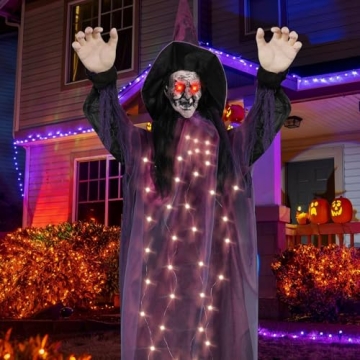 95cm Hanging Witch Decoration with Light-up Eyes, Animated Witch Halloween Decorations Outside Indoo...