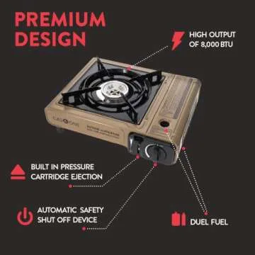 Gas One Propane or Butane Stove GS-3400P Dual Fuel Portable Camping and Backpacking Gas Stove Burner with Carrying Case Great for Emergency Preparedness Kit (Gold) (Stove + 4 Butane Fuel)