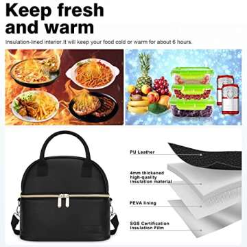BALORAY Lunch Bag for Women Men, Double Deck Lunch Box for Adults, PU Leather Lunch Tote Bag Insulated Lunch Bags with Strap for Work Office Picnic