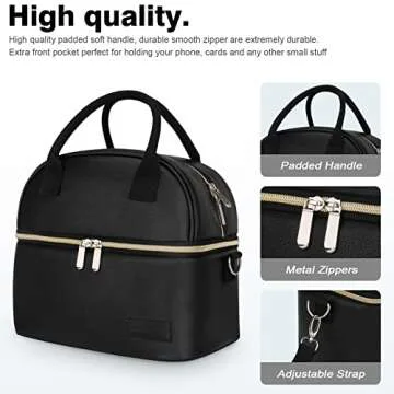 BALORAY Lunch Bag for Women Men, Double Deck Lunch Box for Adults, PU Leather Lunch Tote Bag Insulated Lunch Bags with Strap for Work Office Picnic