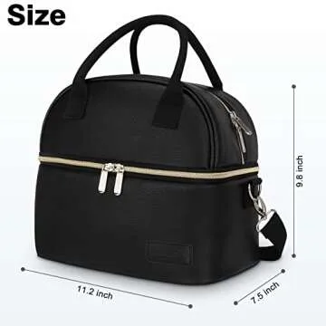 BALORAY Lunch Bag for Women Men, Double Deck Lunch Box for Adults, PU Leather Lunch Tote Bag Insulated Lunch Bags with Strap for Work Office Picnic