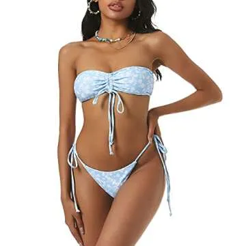 ZAFUL Floral Print Cinched Tie Bandeau Bikini Set