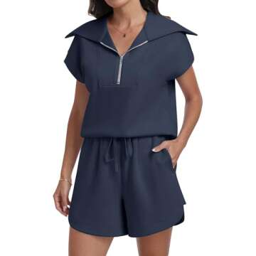 ANRABESS Two Piece Sets for Women Summer Half Zip Short Set Sweatsuit 2 Piece Outfits Sweat Lounge Sets Tracksuit navy blue Medium