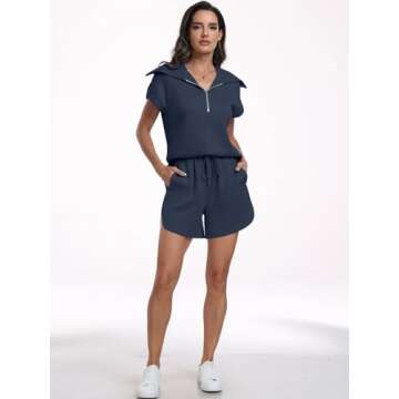 ANRABESS Two Piece Sets for Women Summer Half Zip Short Set Sweatsuit 2 Piece Outfits Sweat Lounge Sets Tracksuit navy blue Medium