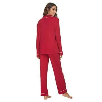 HEARTNICE Womens Pajama Set, Soft Long Sleeve Pajamas & Long Pants with Pockets, Warm Button-up Sleepwear Lightweight Lounge Pjs (Burgundy-L, L)