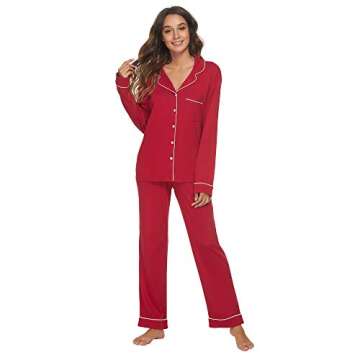 HEARTNICE Womens Pajama Set, Soft Long Sleeve Pajamas & Long Pants with Pockets, Warm Button-up Sleepwear Lightweight Lounge Pjs (Burgundy-L, L)