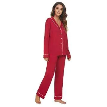 HEARTNICE Womens Pajama Set, Soft Long Sleeve Pajamas & Long Pants with Pockets, Warm Button-up Sleepwear Lightweight Lounge Pjs (Burgundy-L, L)