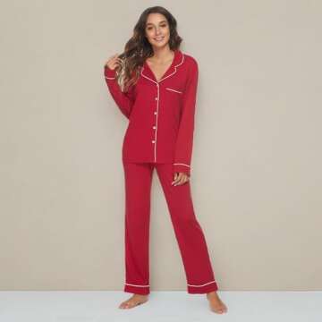 HEARTNICE Womens Pajama Set, Soft Long Sleeve Pajamas & Long Pants with Pockets, Warm Button-up Sleepwear Lightweight Lounge Pjs (Burgundy-L, L)