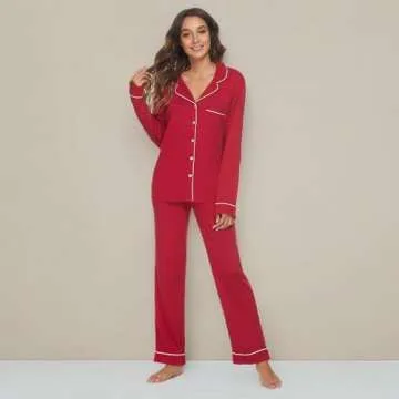 HEARTNICE Womens Pajama Set, Soft Long Sleeve Pajamas & Long Pants with Pockets, Warm Button-up Sleepwear Lightweight Lounge Pjs (Burgundy-L, L)