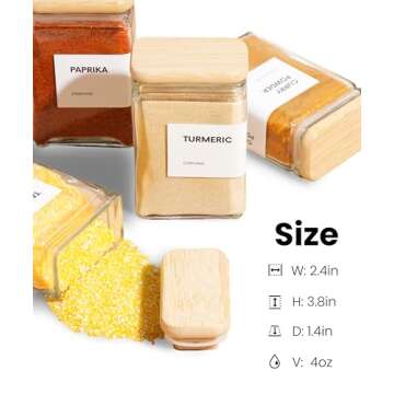 APT 1101 Glass Spice Jars with Labels, 4oz Glass Jars with Bamboo Lids, Square Spice Jars with Labels, Empty Spice Bottles for Seasoning Organizer, Spice Drawer Organizer, 12 Pack (White)