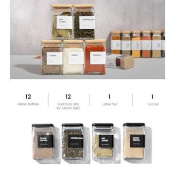APT 1101 Glass Spice Jars with Labels, 4oz Glass Jars with Bamboo Lids, Square Spice Jars with Labels, Empty Spice Bottles for Seasoning Organizer, Spice Drawer Organizer, 12 Pack (White)