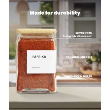 APT 1101 Glass Spice Jars with Labels, 4oz Glass Jars with Bamboo Lids, Square Spice Jars with Labels, Empty Spice Bottles for Seasoning Organizer, Spice Drawer Organizer, 12 Pack (White)