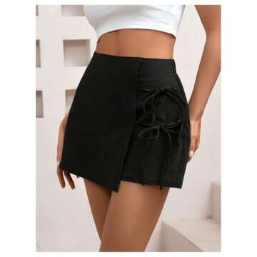 WDIRARA Women's Summer Linen Shorts Side Tie Elastic High Waist Skorts Casual Wrap Skirt Black Medium
