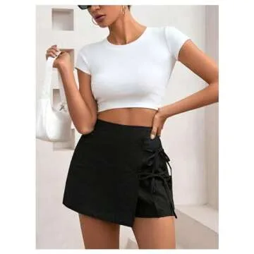 WDIRARA Women's Summer Linen Shorts Side Tie Elastic High Waist Skorts Casual Wrap Skirt Black Medium