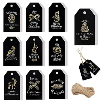 Whaline 120 Pieces 10 Designs Christmas Gold Foil Paper Gift Tags Black Xmas Hanging Tag Labels with...