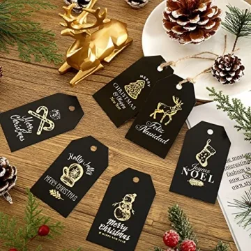 Whaline 120 Pieces 10 Designs Christmas Gold Foil Paper Gift Tags Black Xmas Hanging Tag Labels with 66 Feet Jute String for DIY Xmas Arts and Crafts Decorations Holiday Present Party Supplies