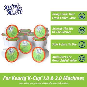 Quick & Clean [12-Pack] Keurig Cleaning Pods - K Cup Cleaner Pod For Keurig - 2.0 Coffee Machine Compatible, Removes Stains, Non-Toxic and Eco-Friendly