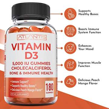 Vitamin D3 5000 IU Per Gummy - 180 Gummies Per Bottle - Formulated to Maintain Strong Bones & Teeth,...