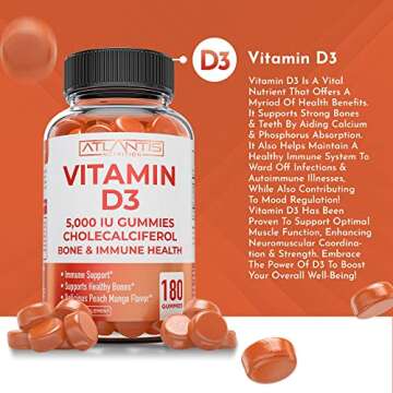 Vitamin D3 5000 IU Per Gummy - 180 Gummies Per Bottle - Formulated to Maintain Strong Bones & Teeth, Immune System Supporter, Enhance Mood - Peach Mango Flavor D3 Gummies Vitamins for Adults