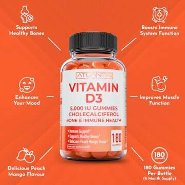 Vitamin D3 5000 IU Per Gummy - 180 Gummies Per Bottle - Formulated to Maintain Strong Bones & Teeth, Immune System Supporter, Enhance Mood - Peach Mango Flavor D3 Gummies Vitamins for Adults