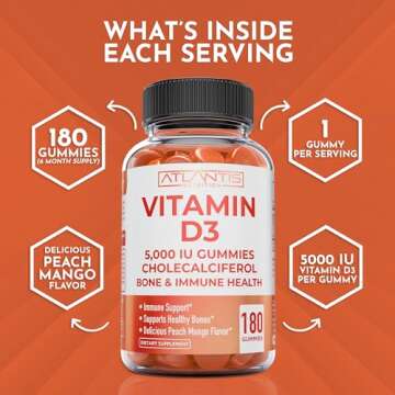Vitamin D3 5000 IU Per Gummy - 180 Gummies Per Bottle - Formulated to Maintain Strong Bones & Teeth, Immune System Supporter, Enhance Mood - Peach Mango Flavor D3 Gummies Vitamins for Adults