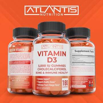Vitamin D3 5000 IU Per Gummy - 180 Gummies Per Bottle - Formulated to Maintain Strong Bones & Teeth, Immune System Supporter, Enhance Mood - Peach Mango Flavor D3 Gummies Vitamins for Adults