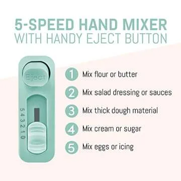 Elite Gourmet EHM003M Maxi-Matic Ultra Power Electric 5-Speed Kitchen Hand Mixer with 2 Extra Wide Stainless Steel Smooth Creamy Whipped Mixtures Plus Convenient, Beater Storage, Mint Blue