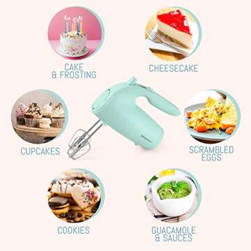 Elite Gourmet EHM003M Maxi-Matic Ultra Power Electric 5-Speed Kitchen Hand Mixer with 2 Extra Wide Stainless Steel Smooth Creamy Whipped Mixtures Plus Convenient, Beater Storage, Mint Blue