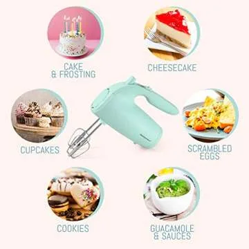 Elite Gourmet EHM003M Maxi-Matic Ultra Power Electric 5-Speed Kitchen Hand Mixer with 2 Extra Wide Stainless Steel Smooth Creamy Whipped Mixtures Plus Convenient, Beater Storage, Mint Blue