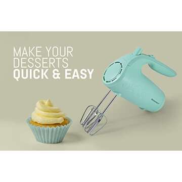 Elite Gourmet EHM003M Maxi-Matic Ultra Power Electric 5-Speed Kitchen Hand Mixer with 2 Extra Wide Stainless Steel Smooth Creamy Whipped Mixtures Plus Convenient, Beater Storage, Mint Blue