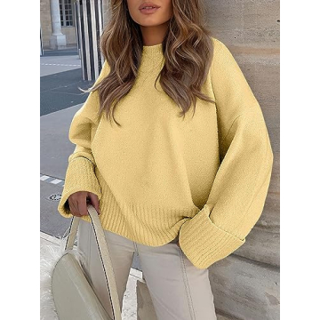 ANRABESS Women's Oversized Crewneck Long Sleeve Fuzzy Knit Casual Chunky Warm 2024 Fall Pullover Sweaters Top Trendy Outfits Yellow Medium