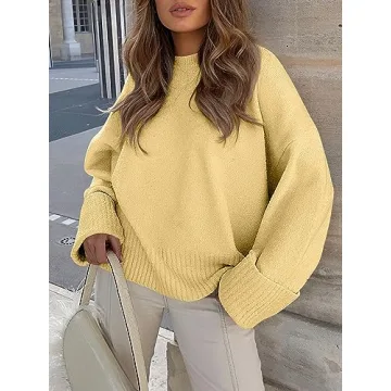 ANRABESS Women's Oversized Crewneck Long Sleeve Fuzzy Knit Casual Chunky Warm 2024 Fall Pullover Sweaters Top Trendy Outfits Yellow Medium