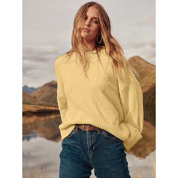 ANRABESS Women's Oversized Crewneck Long Sleeve Fuzzy Knit Casual Chunky Warm 2024 Fall Pullover Sweaters Top Trendy Outfits Yellow Medium