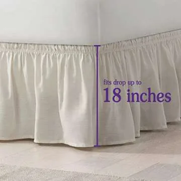 Easy Fit Solid Elastic Wrap Around Bed Skirt, Easy On/Off Dust Ruffle (18 Inch Drop), Queen/King, Ivory