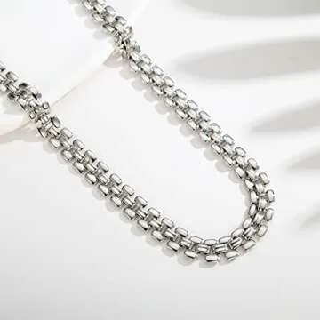 CLASSYZINT Gold Chunky Choker Necklace Large Wide Chain Short Chokers For Women (Watch strap chain choker silver)