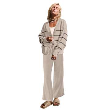 Womens Knitted Outfits Open Front Cardigan Wide Leg Pant Two Piece Sweater Lounge Sets Sweatsuit