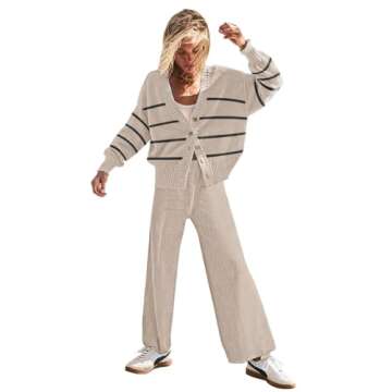 Womens Knitted Outfits Open Front Cardigan Wide Leg Pant Two Piece Sweater Lounge Sets Sweatsuit
