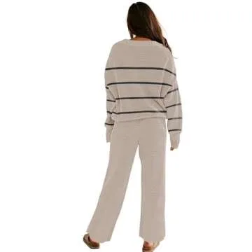 Womens Knitted Outfits Open Front Cardigan Wide Leg Pant Two Piece Sweater Lounge Sets Sweatsuit