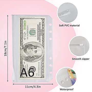 Budget Binder With Zipper Envelopes, A6 Pockets Planner Cash Envelopes for Budgeting Transparent Binding Bag, Money Book Organizer for Cash, Binder Zipper Folder Notebook Ledger for Personal (Pink)