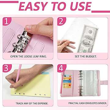 Budget Binder With Zipper Envelopes, A6 Pockets Planner Cash Envelopes for Budgeting Transparent Binding Bag, Money Book Organizer for Cash, Binder Zipper Folder Notebook Ledger for Personal (Pink)