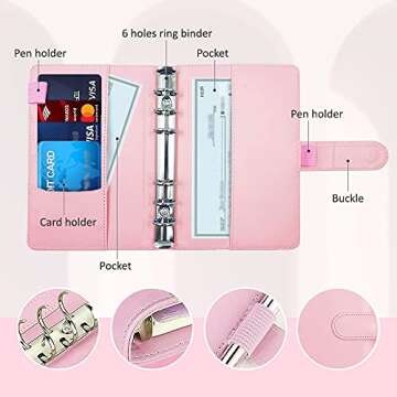 Budget Binder With Zipper Envelopes, A6 Pockets Planner Cash Envelopes for Budgeting Transparent Binding Bag, Money Book Organizer for Cash, Binder Zipper Folder Notebook Ledger for Personal (Pink)