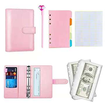Budget Binder With Zipper Envelopes, A6 Pockets Planner Cash Envelopes for Budgeting Transparent Binding Bag, Money Book Organizer for Cash, Binder Zipper Folder Notebook Ledger for Personal (Pink)