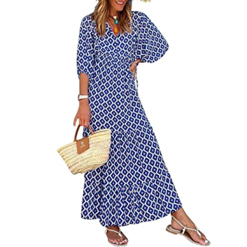 Miduo Womens Dresses Fashion Beach Casual Summer V Neck Half Sleeve Pattern Bohemian Style Maxi Long...