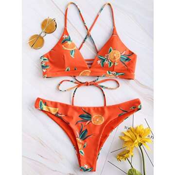 ZAFUL Bikini Orange Print Back Criss Cross Lace-up Swimwear Cute Padded Two Piece Bathing Suits Papaya Orange M